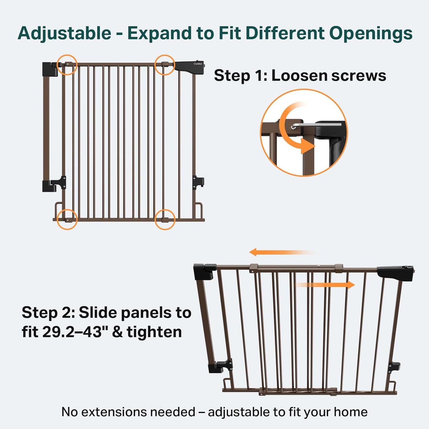Cumbor 29.2–43" Baby Gate for Stairs, Hardware Mounted (Drill Required), Expandable No Bottom Bar Dog Gate, Auto Close Extra Wide Walk Thru, Pet & Toddler Proof Gate, Top & Bottom of Stairways (White)