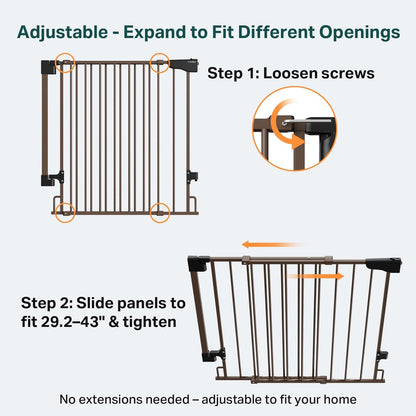 Cumbor 29.2–43" Baby Gate for Stairs, Hardware Mounted (Drill Required), Expandable No Bottom Bar Dog Gate, Auto Close Extra Wide Walk Thru, Pet & Toddler Proof Gate, Top & Bottom of Stairways (White)
