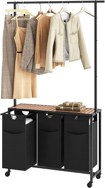 YATINEY Laundry Sorter 4 Section, Rolling Laundry Hamper with Hanging Rack, Laundry Sorter with Wheels, Hampers for Laundry, Laundry Basket Organizer for Laundry Room, Rustic Brown LS47BR