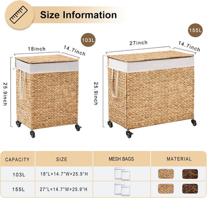 3-Section Laundry Hamper with Lid, Large Capacity Woven Natural Water Hyacinth Laundry Sorter with Removable Liners, Rolling or Non-Slip Design for Bedroom (Natural, 155L)