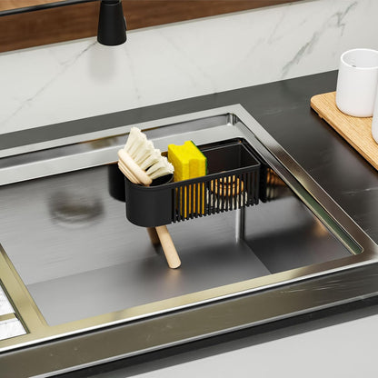 Sink Caddy & Kitchen Sink Organizer,Black Sponge Holder with High Scrub Brush Holder,Plastic Kitchen Countertop Organizer,Multifunctional Sponge Drain Rack,Dish Soap,Dish Sponge Holder,Soap Dispenser