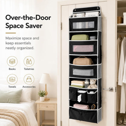 1 Pack Over The Door Organizer Storage, Hanging Organizer Closet with 5 Large Pockets 6 Mesh Pockets, 50 lbs Weight Capacity, Behind Door Storage for Closet Nursery Bedroom Bathroom (Black)