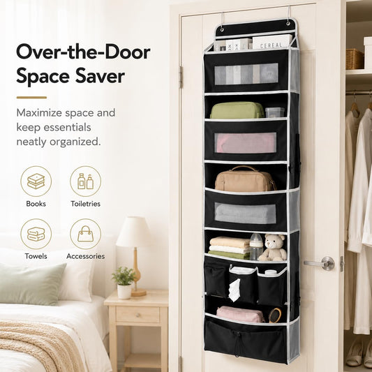 1 Pack Over The Door Organizer Storage, Hanging Organizer Closet with 5 Large Pockets 6 Mesh Pockets, 50 lbs Weight Capacity, Behind Door Storage for Closet Nursery Bedroom Bathroom (Black)