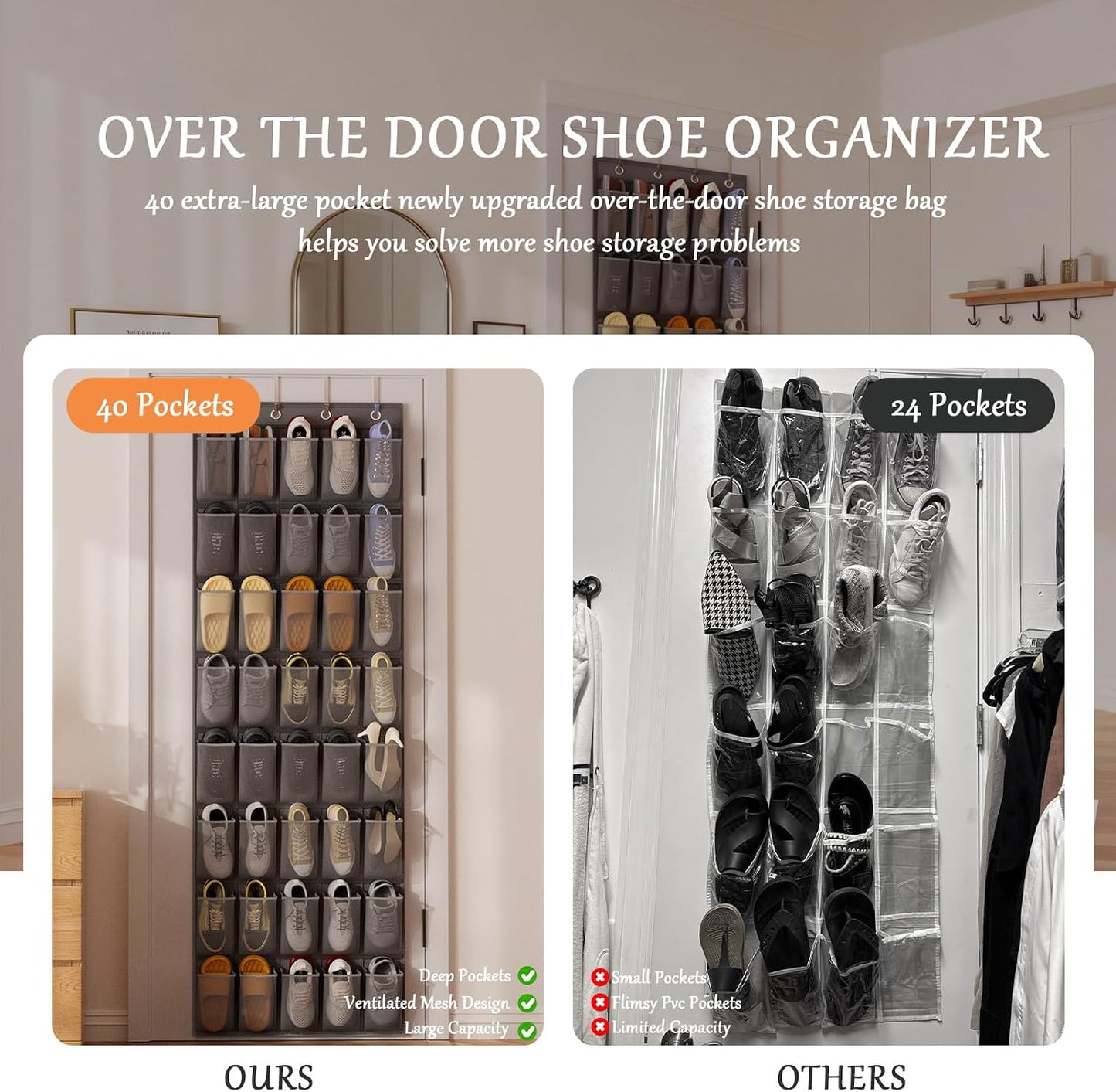 homyfort Over the Door Shoe Organizer, Hanging Shoe Rack Storage Holder with 24 Large Pockets for Closet Door, Men Women Kids Shoes, Cruise (Black)
