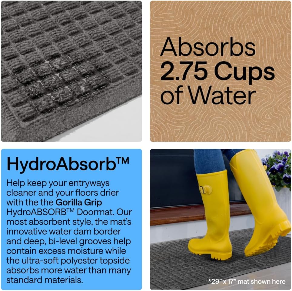 GORILLA GRIP® Ultra Absorbent Front Door Mat Outside Entrance, Traps Dirt and Moisture, HydroABSORB Indoor Outdoor Doormat Holds Up to 1.7 Cups Water, Stain and Fade Resistant Welcome Mat, 29x17 Black