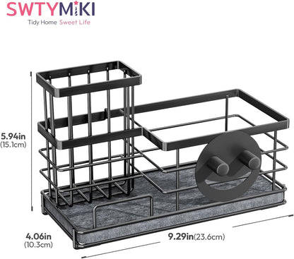 SWTYMIKI Sponge Holder for Kitchen Sink - Sink Caddy with Brush Holder and Stainless Steel Self Drain Tray, Sponge Caddy Organizer with Divider Kitchen Accessories Storage for Countertop, Black