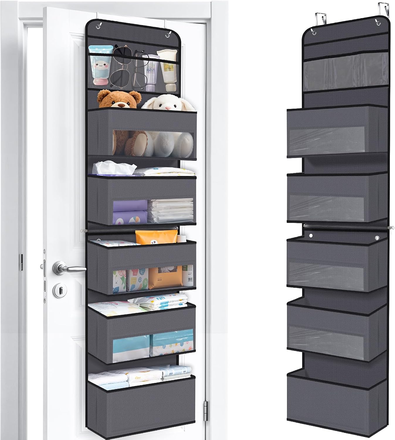 WISELIFE Over The Door Organizer Storage with 4 Large Pockets Door Hanging Organizer with Clear Windows behind The Door Storage for Nursery Bedroom Bathroom Pantry Closet and Baby Essentials Dark Grey