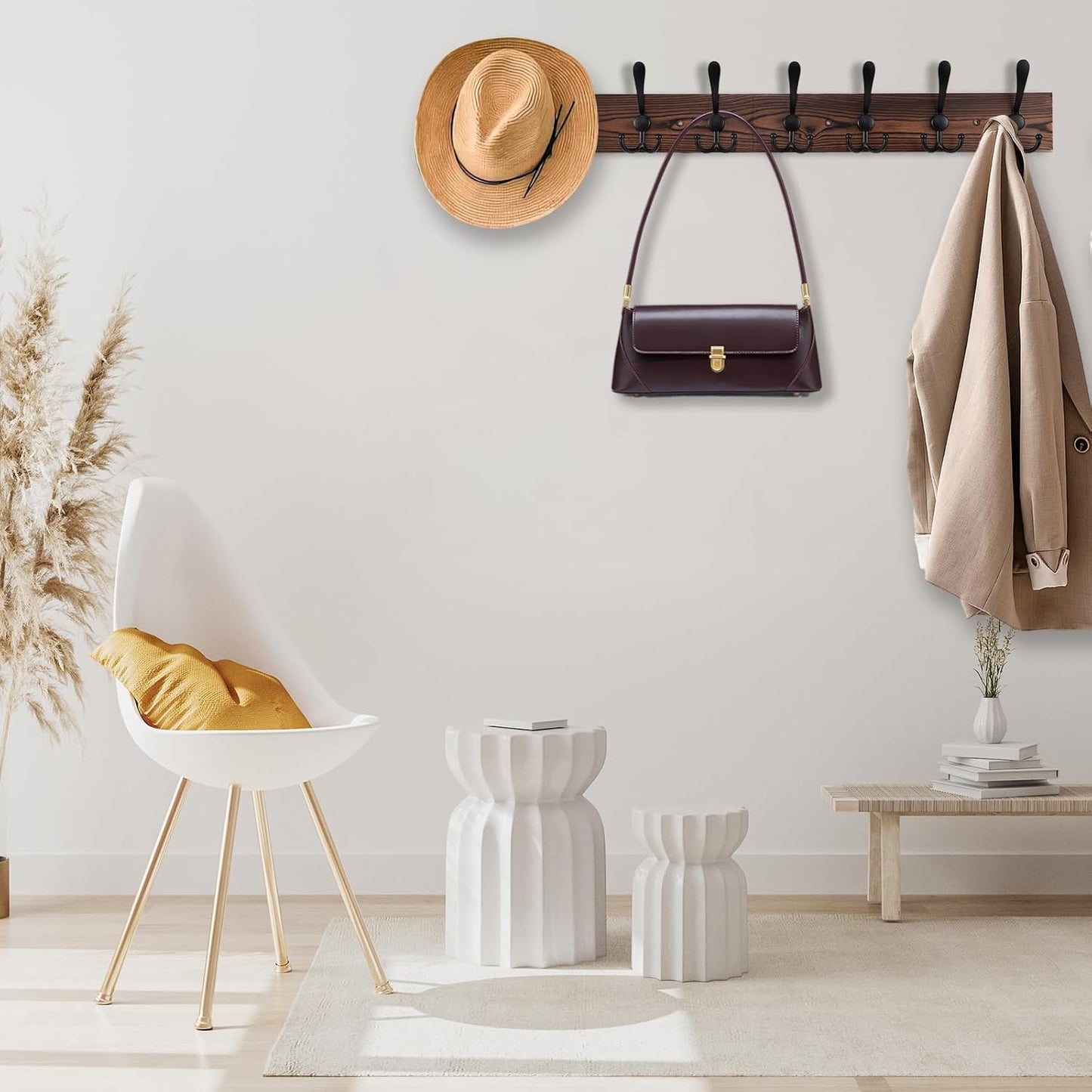Kuhome 2pcs Coat Rack Wall Mount Wooden Hat Rack for Wall Hooks Pine Real Wood Plank 16.9" Brown Coat Hanger with 5 Triple Hooks for Hanging Coat Hat Jacket