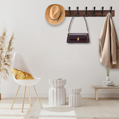 Kuhome 2pcs Coat Rack Wall Mount Wooden Hat Rack for Wall Hooks Pine Real Wood Plank 16.9" Brown Coat Hanger with 5 Triple Hooks for Hanging Coat Hat Jacket