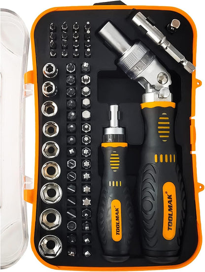 TOOLMAK 61pcs Ratcheting Screwdriver, Socket & Precision Bit Set | Cr-V Steel, Rotatable Handle, Storage Case Included, Ideal for Bike, Watch & Glasses Repair
