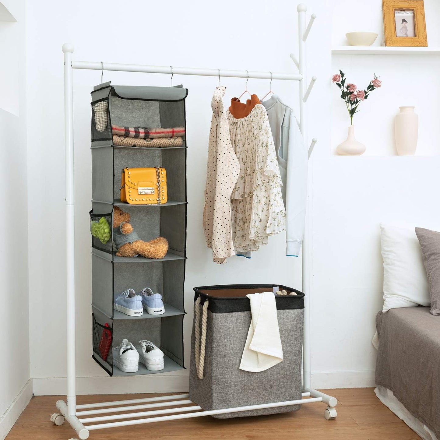 BrilliantJo 2 Pack Hanging Closet Organizer, 5 Shelves Hanging Storage with 6 Side Pockets for Clothes Shoes, 43"x12"x12"(Black)
