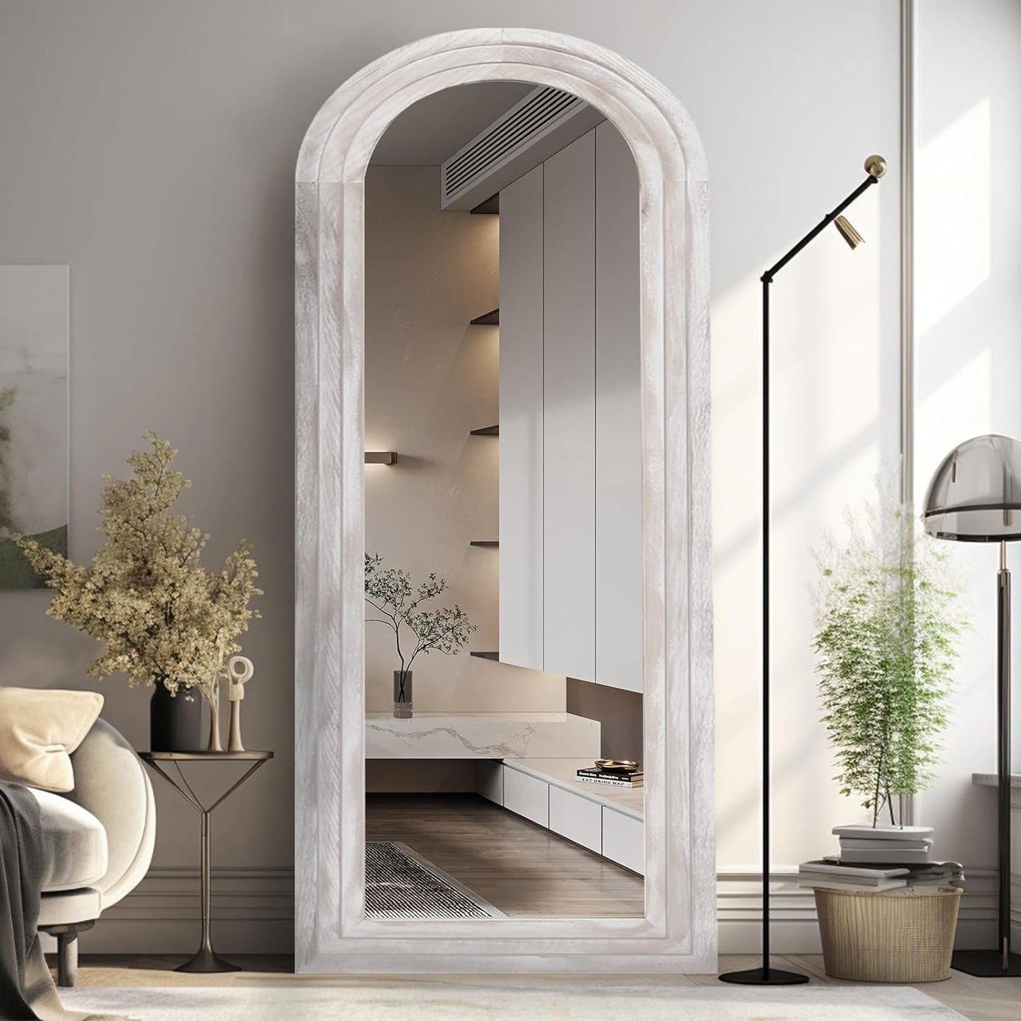 ZHUNFA Arched Full Length Mirror with Solid Wood Frame | 65x22 Farmhouse Wall Mirror Full Length with Stand, Vertical Hanging, Leaning Standing for Bedroom,Living Room, Rustic White
