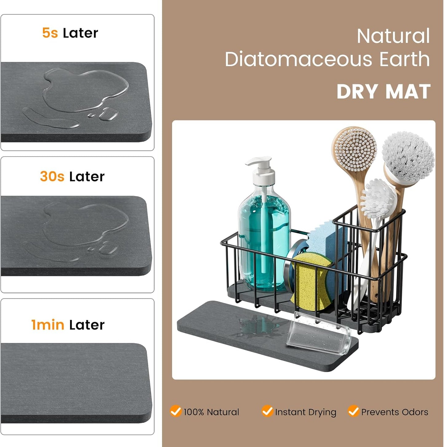 Kitchen Sink Countertop Sponge Holder - Stainless Steel Soap Caddy - Home Decor Kitchens Counter Organizer Accessories - Dish Brush Holder with Drain Rack and Tray - Organization and Storage Gadgets