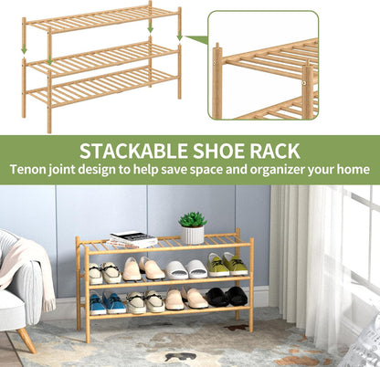 ROMGUAR CRAFT 3 Tier Bamboo Shoe Rack for Closet Free Standing Wood Shoe Shelf Storage Organizer for Entryway Small Space Stackable 27"x11"x20" (Natural)