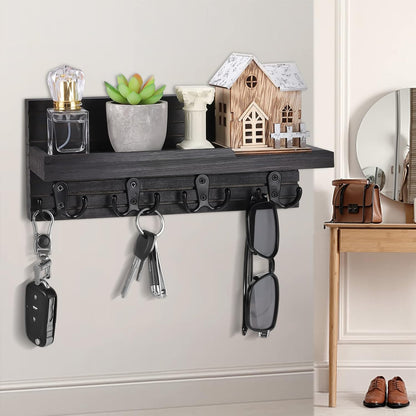 Decorative Key Hanging Rack with 4 Double Hooks – Easy Install Natural Wooden Key and Mail Holder for Wall Mount – Entryway Decor Rack with Shelf (Carbon Black)