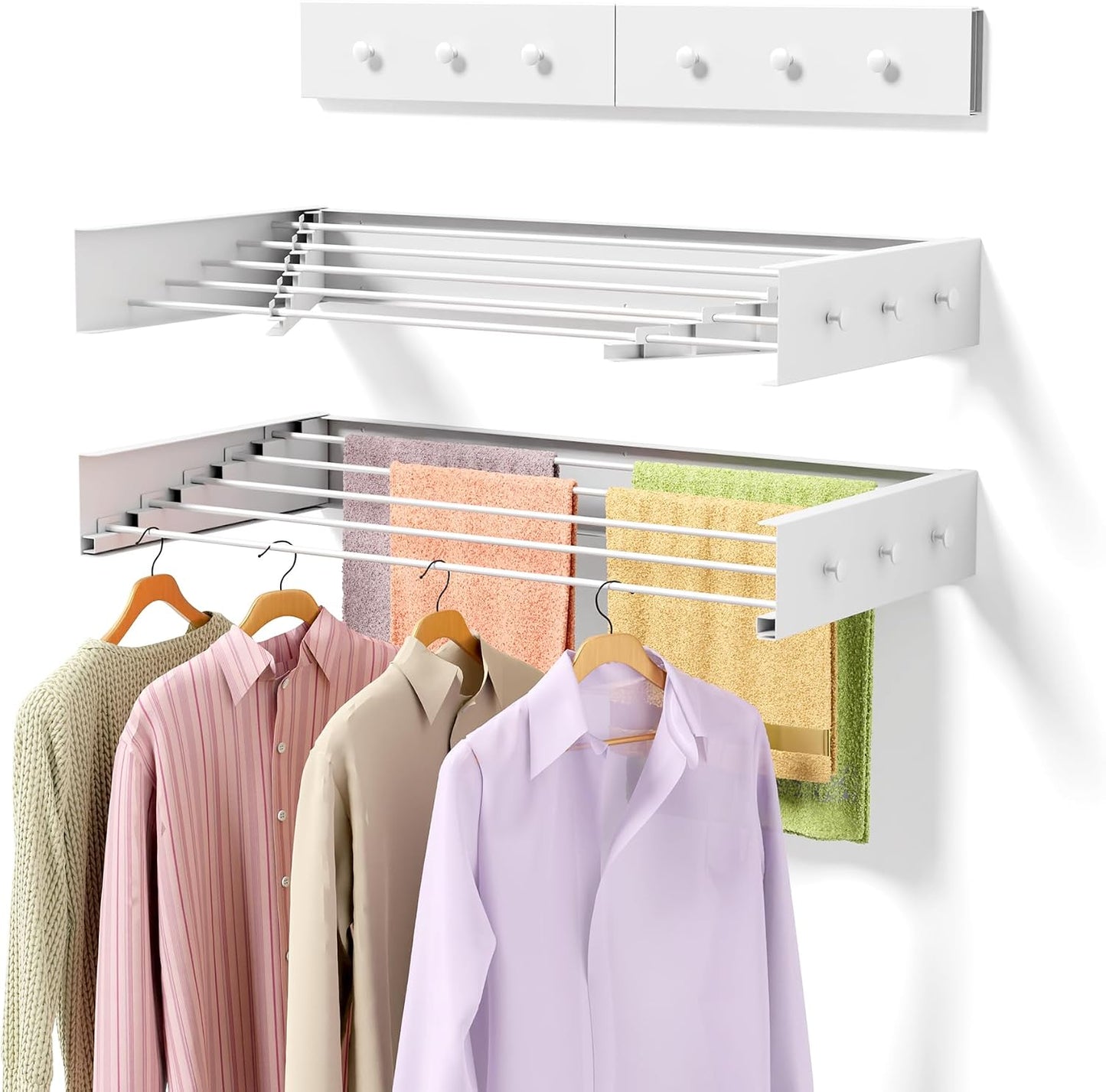 ZMBESUP Wall Mounted Clothes Drying Rack, 31.5" Foldable Collapsible Laundry Rack, Heavy Duty 60 lb Capacity Hidden Space Saver, Includes Wall Template for Laundry Room Indoor Outdoor Balcony (White)