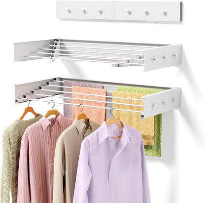 ZMBESUP Wall Mounted Clothes Drying Rack, 31.5" Foldable Collapsible Laundry Rack, Heavy Duty 60 lb Capacity Hidden Space Saver, Includes Wall Template for Laundry Room Indoor Outdoor Balcony (White)