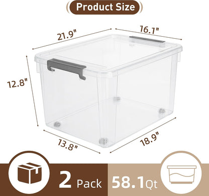 Citylife 57 QT Plastic Storage Bins with Double-Opening Lids, Storage Containers for Organizing, Large Clear Storage Box for Closet, Blankets, 2 Packs