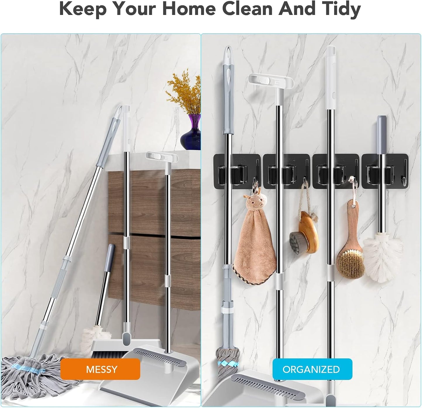 homeasy Mop Broom Holder No Drill, Mop Broom Organizer Wall Mounted Heavy Duty with Hooks Hanger, Self Adhesive Stainless Steel 4Pcs for Bathroom, Kitchen, Office (Silver)