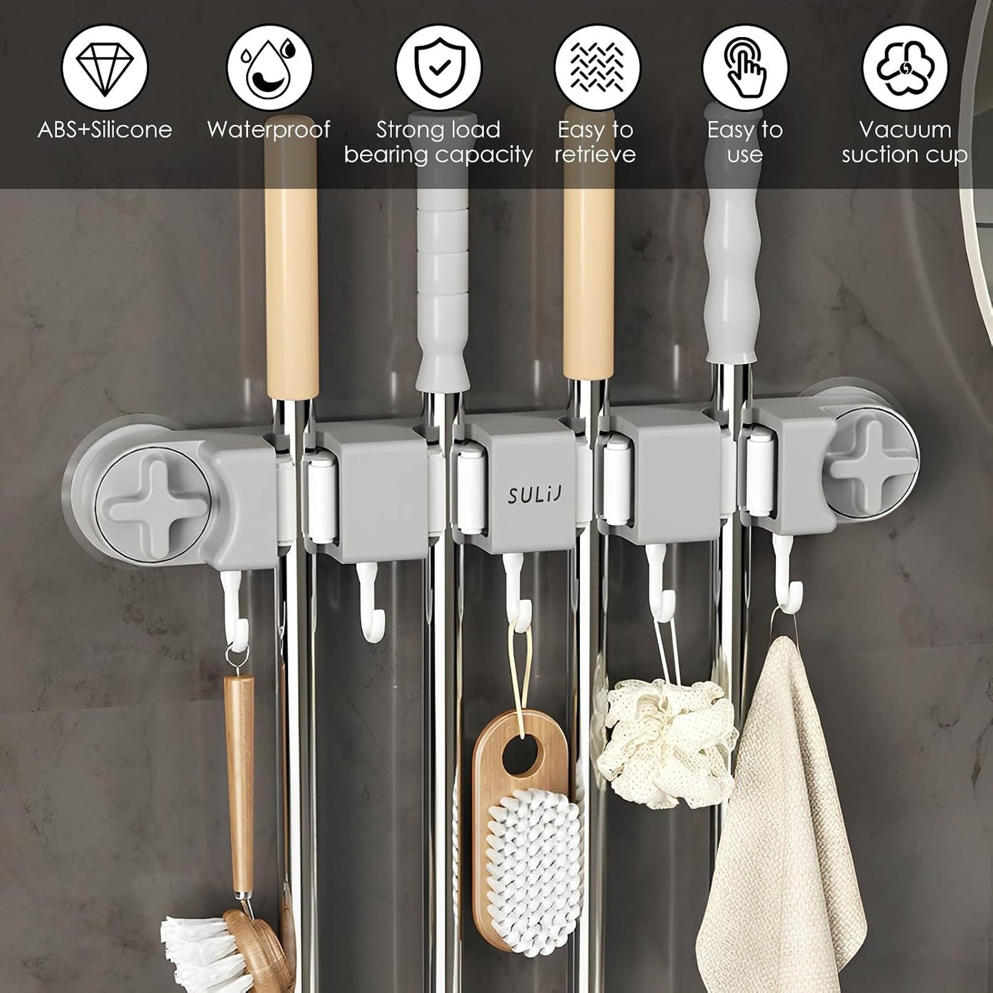 Broom Holder Wall Mount Sturdy Mop and Broom Organizer with 4 Racks and 5 Hooks Vacuum Suction Cup Broom Mop Holder for Home, kitchen, Garden, Tools, Garage
