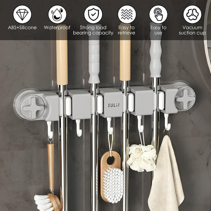 Broom Holder Wall Mount Sturdy Mop and Broom Organizer with 4 Racks and 5 Hooks Vacuum Suction Cup Broom Mop Holder for Home, kitchen, Garden, Tools, Garage
