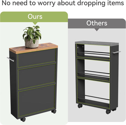 LITTLE TREE 4 Tier Rolling Cart with Wheels, 6.3 Inch Slim Storage Cart, Wooden Snack Cart with Narrow Shelf, White Laundry Room and Bathroom Organizer Shelves