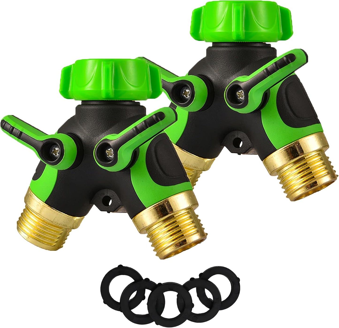 Garden 2 Way Hose Splitter Y Connector with Comfortable Rubber Grip and 360 °Rotatable Top Quick Connect Garden Hose Tee Equipment Valve Shut Off (Green 2)