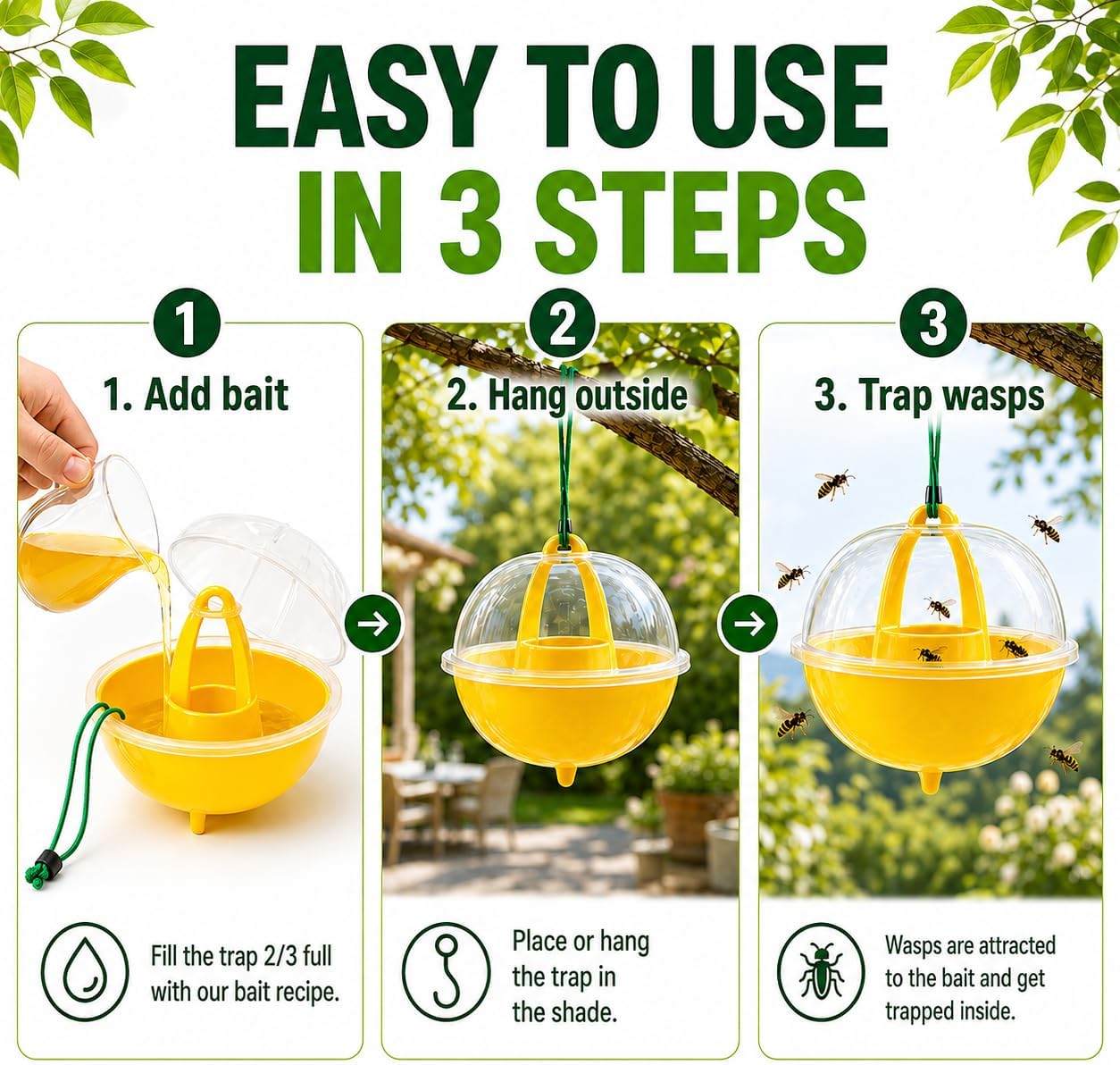 Wasp Trap Outdoor Hanging 3 Pack – Reusable Yellow Jacket & Hornet Catcher, No-Escape Funnel Design, Chemical-Free for Patio Garden BBQ Yard