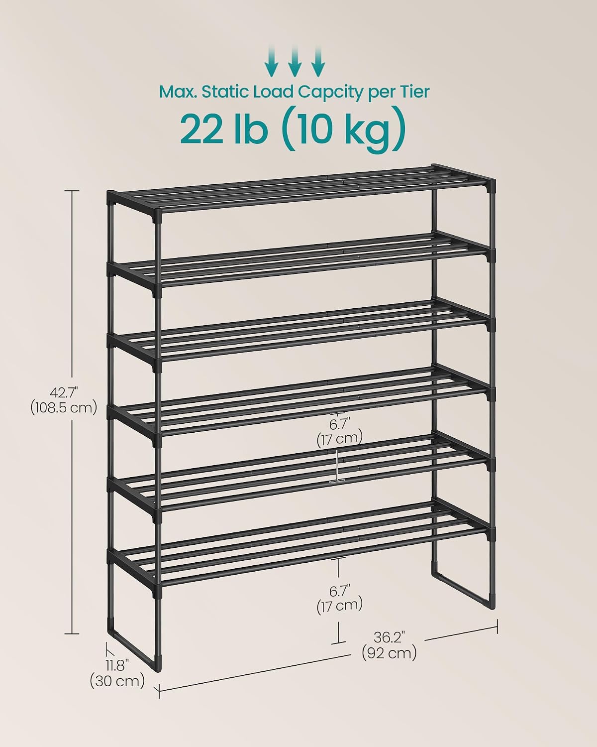 SONGMICS Shoe Rack, 6-Tier Shoe Organizer, Metal Storage Shelf, Upright or Upside Down, for 24-30 Pairs, Stackable, for Entryway, 11.8 x 36.2 x 42.7 Inches, Black ULSA306BH01