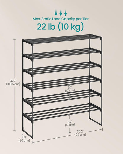 SONGMICS Shoe Rack, 6-Tier Shoe Organizer, Metal Storage Shelf, Upright or Upside Down, for 24-30 Pairs, Stackable, for Entryway, 11.8 x 36.2 x 42.7 Inches, Black ULSA306BH01