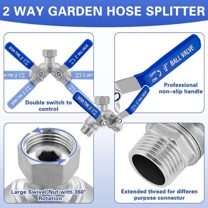 Garden Hose Splitter, 304 Stainless Steel 2 Way Hose Splitter with Long Handle, Heavy Duty Hose Y Spigot Splitter with Shutoff Valves, 3/4" GHT Thread Outdoor Faucet Splitter