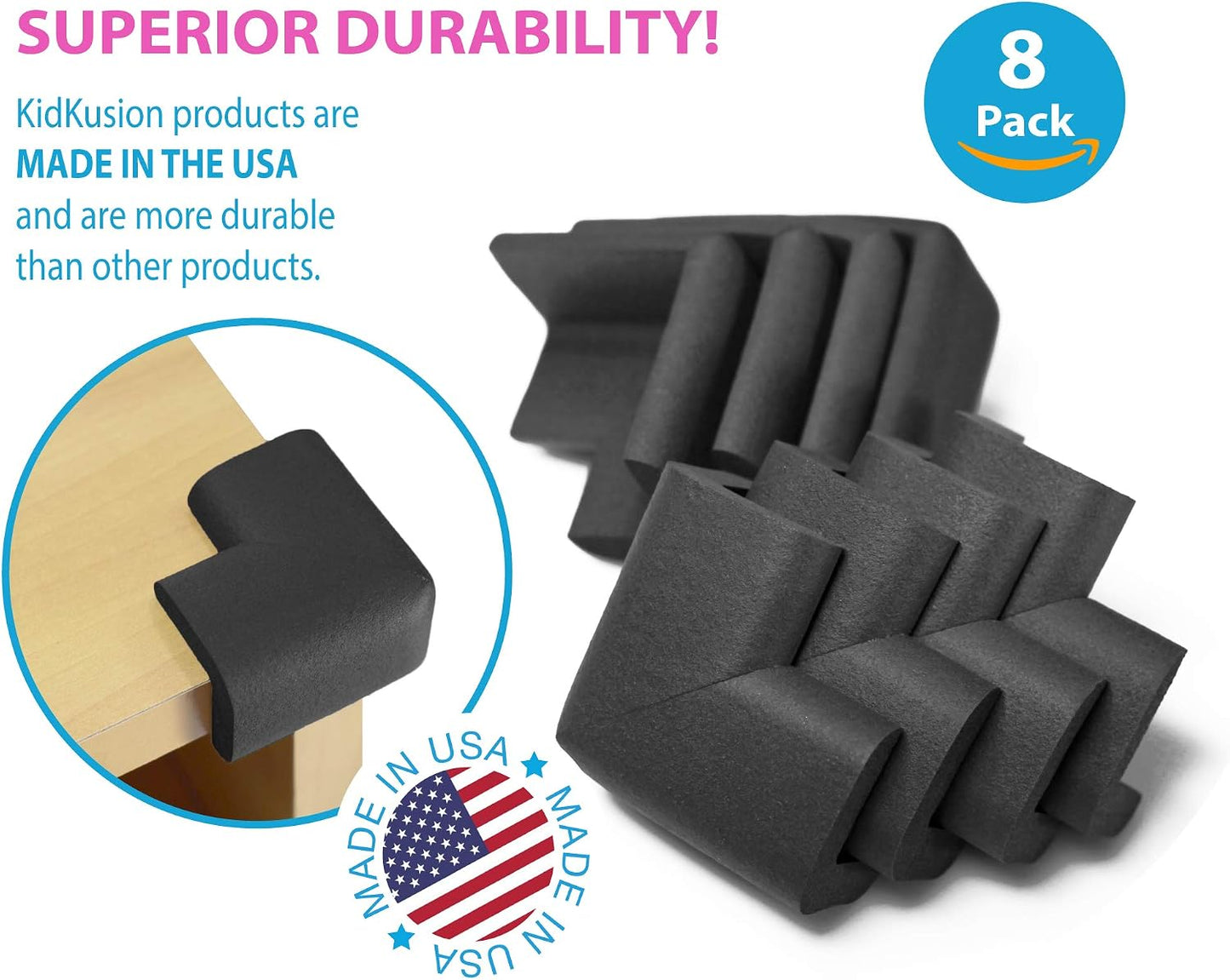 KidKusion 4-Piece Safety Corner Cushion, Black, Child Proofing Corner Guard, Made in USA, Child Safety, Home Furniture Safety Bumper, Baby Proof Table Protector, 4 Count (Pack of 1)