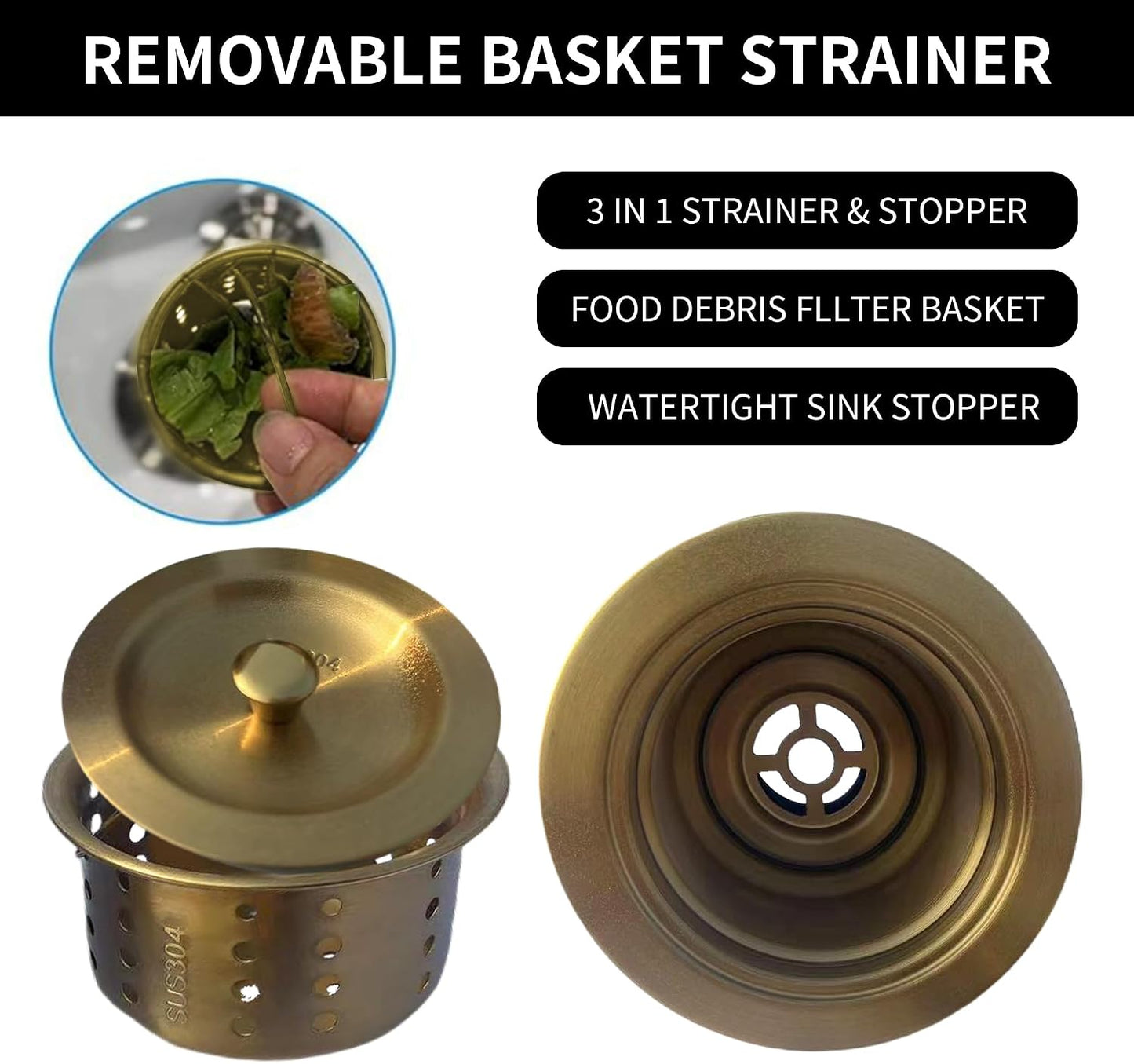 Kitchen Sink Drain Assembly Kit, 3-1/2 Inch Brushed 304 Stainless Steel Basket Strainer with Deep Removable Basket, Stopper & Cover Lid, Fits Standard Kitchen Sinks