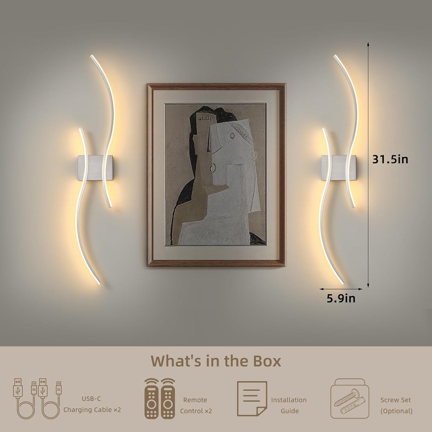 Battery Operated Wall Sconce Set of 2, Dimmable Modern LED Rechargeable Wall Light with Remote Control, Wall Decor for Living Room, Hallway, Quick Install, No Electrician Required