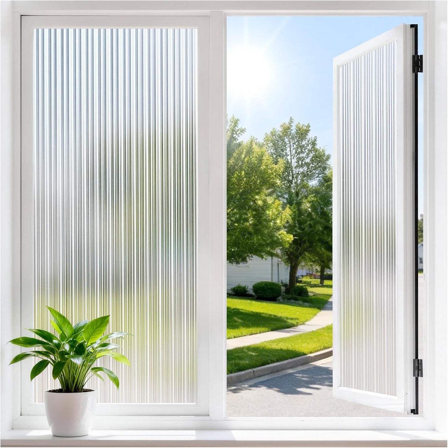 Haton Reeded Glass Window Privacy Film, Static Cling Non-Adhesive Frosted Film, UV Blocking Heat Control Removable Window Sticker for Bathroom Door Home Office, 17.5" x 78.7"