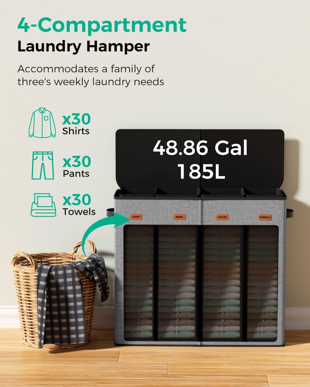 185L Laundry Hamper 3 Section with Lid & Removable Bags | Collapsible laundry basket organizer for laundry room, bedroom & dorm with 3 removable washing bags