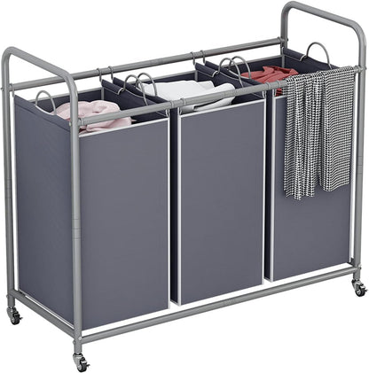 LINZINAR 3-Bag Laundry Hamper, Black Laundry Basket, 35.6 Gal(135 L) Laundry Sorter Cart Laundry Room Organization with Heavy Duty Rolling Lockable Wheels and Removable Bags