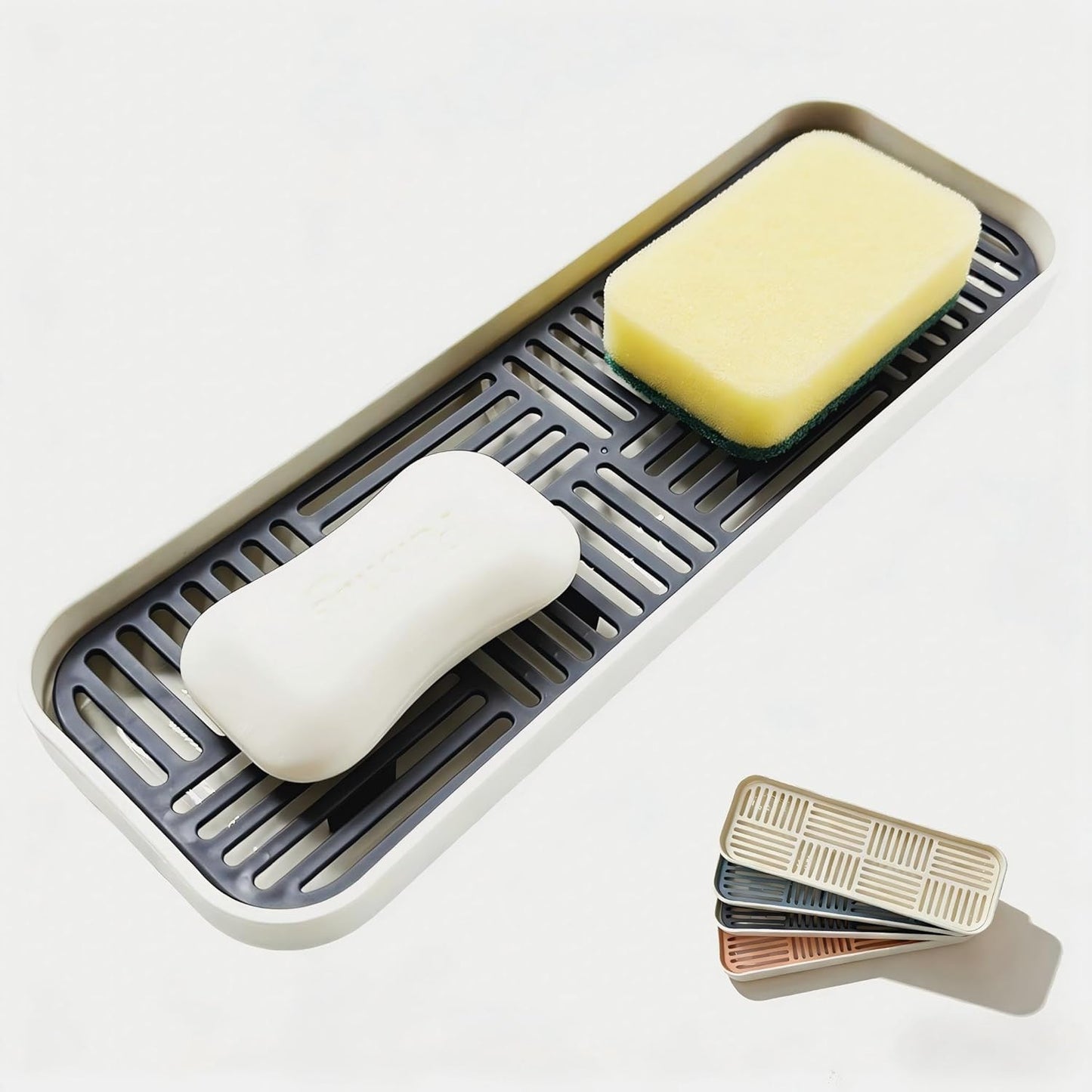2-in-1 Kitchen Sink Caddy Organizer with Plastic Drain Grate, Double-Layer Drain Sponge Soap Holder & Food Fruit Vegetable Drain Tray for Sink Countertop Home Kitchen Restaurant Hotel, Grey (1 Pack)