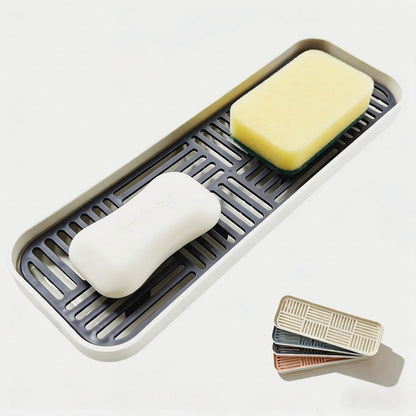 2-in-1 Kitchen Sink Caddy Organizer with Plastic Drain Grate, Double-Layer Drain Sponge Soap Holder & Food Fruit Vegetable Drain Tray for Sink Countertop Home Kitchen Restaurant Hotel, Grey (1 Pack)