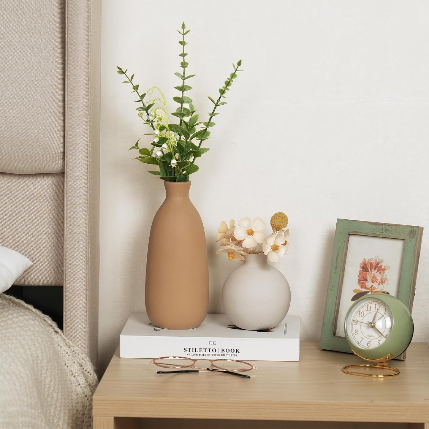 CUCUMI Ceramic Vase Set of 5, Home Decor Farmhouse Décor Handmade Pottery Vases for Pampas Grass, Dried Fresh Flowers, Table, Living Room, Kitchen, Shelf, Entryway Mantel Neutral Tones
