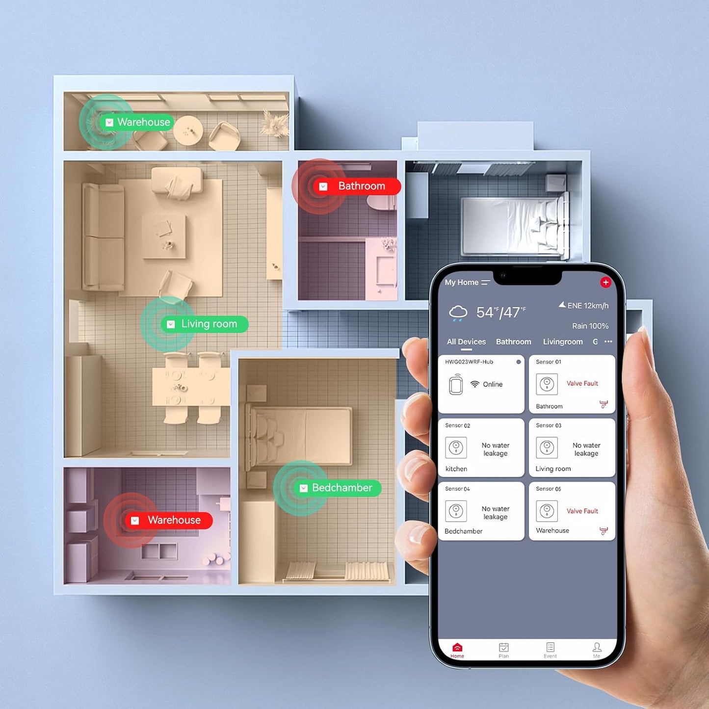 Baldr Smart Water Leak Detector Wireless Wi-Fi Water Sensor for Home with Real-time Email/APP Alerts, 100dB Local Alarm, Suitable for Kitchen, Basement, 3 Sensors