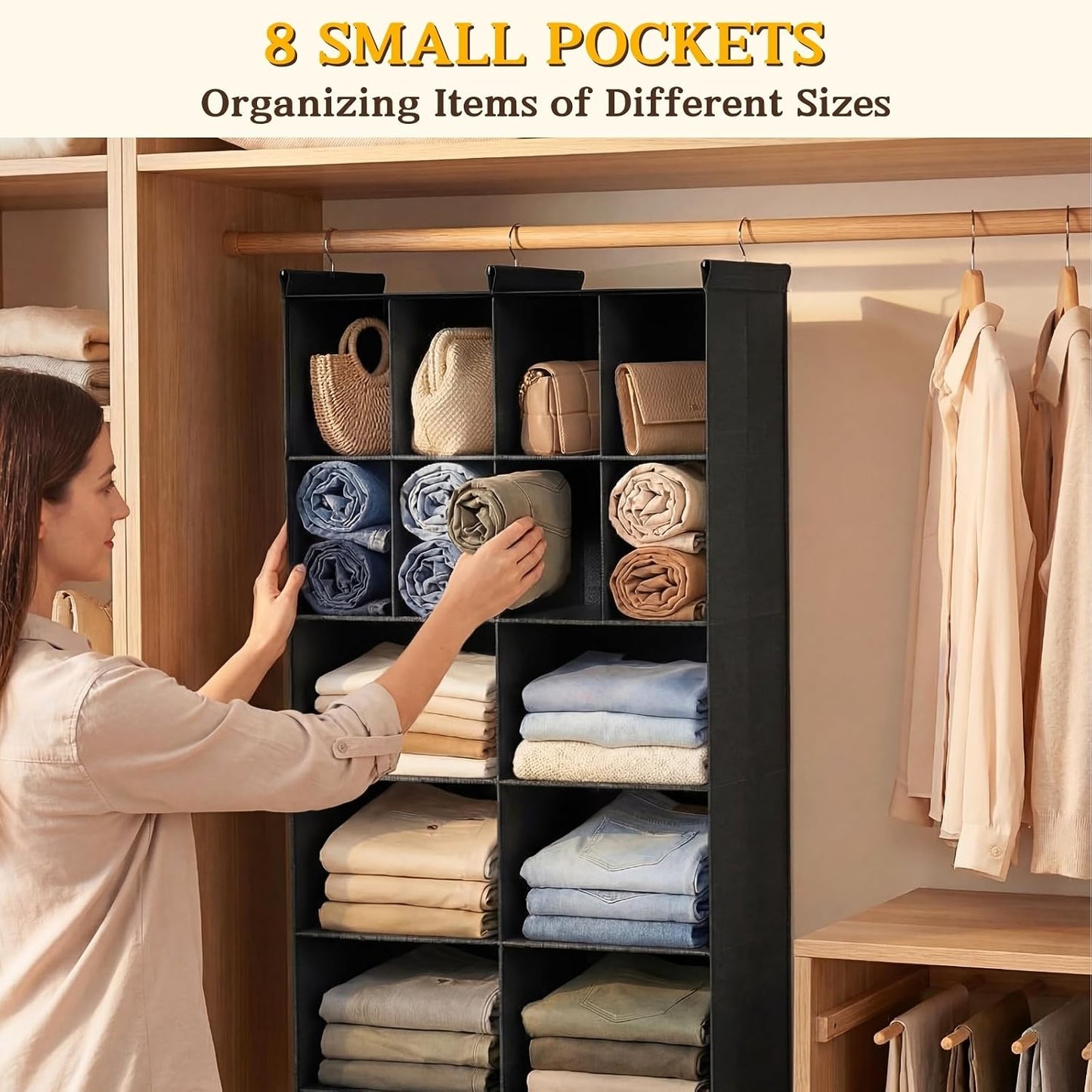 Ofiray-home 6 Tier Hanging Closet Organizer, 16 Compartments Sweater Organizer for Closet with 3 Sturdy Hooks, Closet Organizers and Storage, Wardrobe, Rv, Garment Rack, Grey