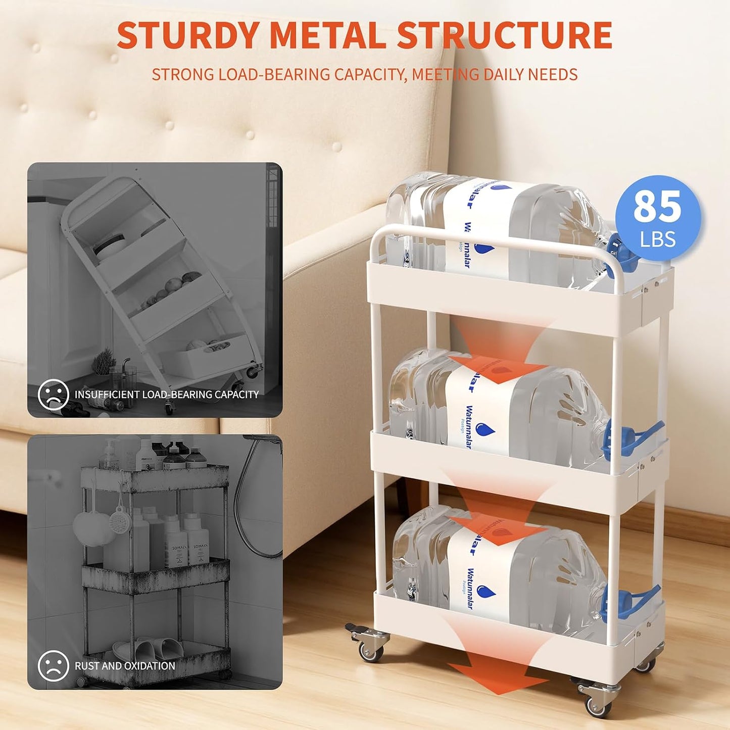 HOTEAGLE Three Tier Rolling Cart, Adjustable Width & High Adaptability | Metal Utility Storage Carts with Wheels, Ideal Storage Organizer for Livingroom, Kitchen and Bathroom