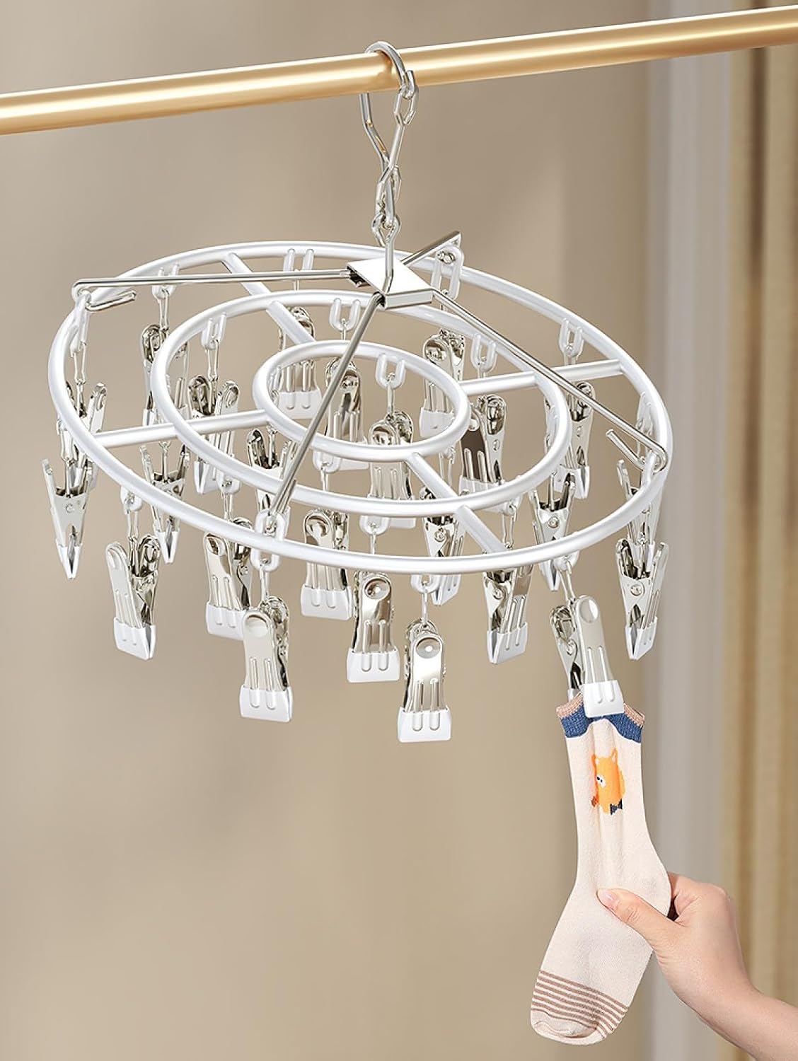 Drying Rack for Sock, Stainless Steel Sock Drying Rack with 24 Clips, Swivel Hook Windproof Hanger for Sock, Bras, Towel, Underwear, Laundry, Hat, Scarf, Pants, Gloves(Pink)