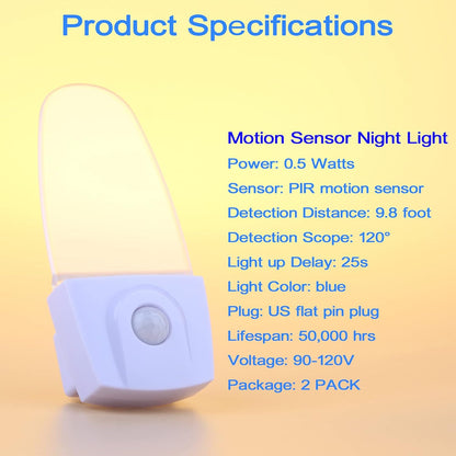 Motion Sensor Night Light 2 Pack, 0.5W Plug in Motion Activated LED Night Lights, Automatic Motion Detector Night Lights for Kids Room, Bedroom, Bathroom, Stair, Toilet, Corridor (Blue)