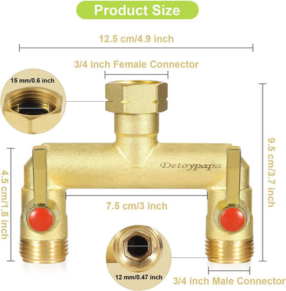 Hose Splitter 2 Way Heavy Duty, Upgraded High Flow Brass Hose Splitter, Garden Hose Splitter 2 Way with Individual Shut Off Valves, 3/4” GHT Thread for Outdoor Faucet