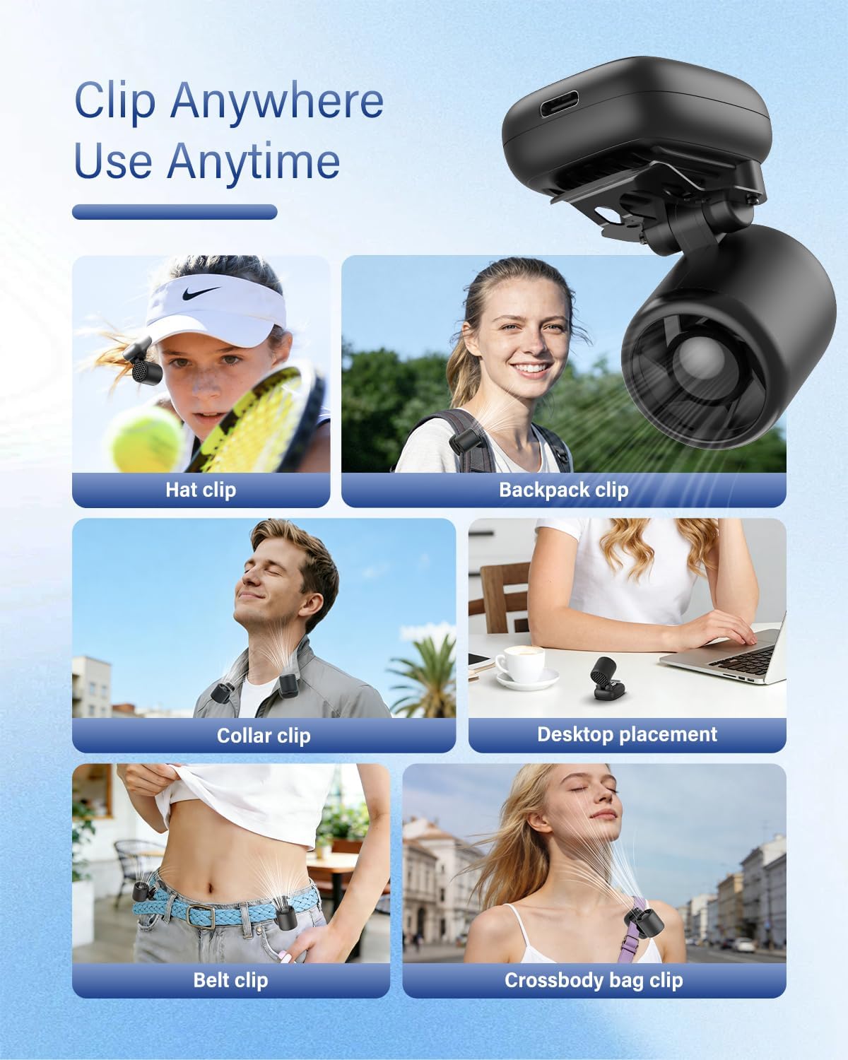 Mini Clip On Fan Portable, Ultra-Lightweight 2oz, Rechargeable Mini Portable Fan with 3 Speeds USB-C, Hands-Free Clip Fan Face Cooling for Outdoor, Soccer, Baseball Cap, Visor Hat, Sports (Black)