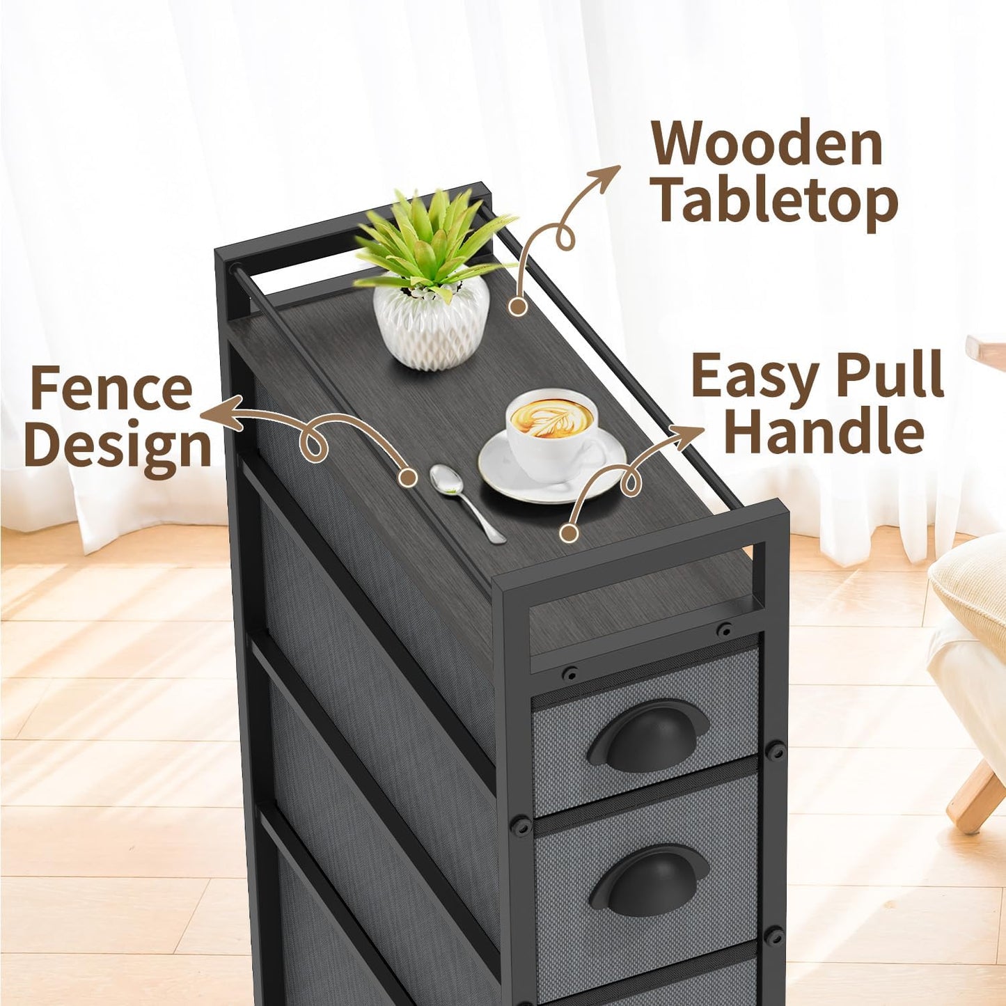 LASZOLA 5 Drawer Narrow Dresser Slim Cabinet Skinny Storage Tower Chest, Ideal for Small Spaces Bathroom, Between Washer and Dryer, Lightweight Mobile on Wheels, Sturdy Fabric Drawers, Black
