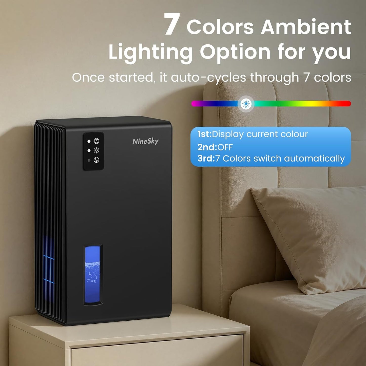 NineSky Dehumidifiers for Home, 1000 Sq.Ft Dehumidifier with 95oz Water Tank, Quiet Dehumidifier for Basement Bathroom Bedroom with 7-Color Ambient Light & Auto Shut Off, Sliver