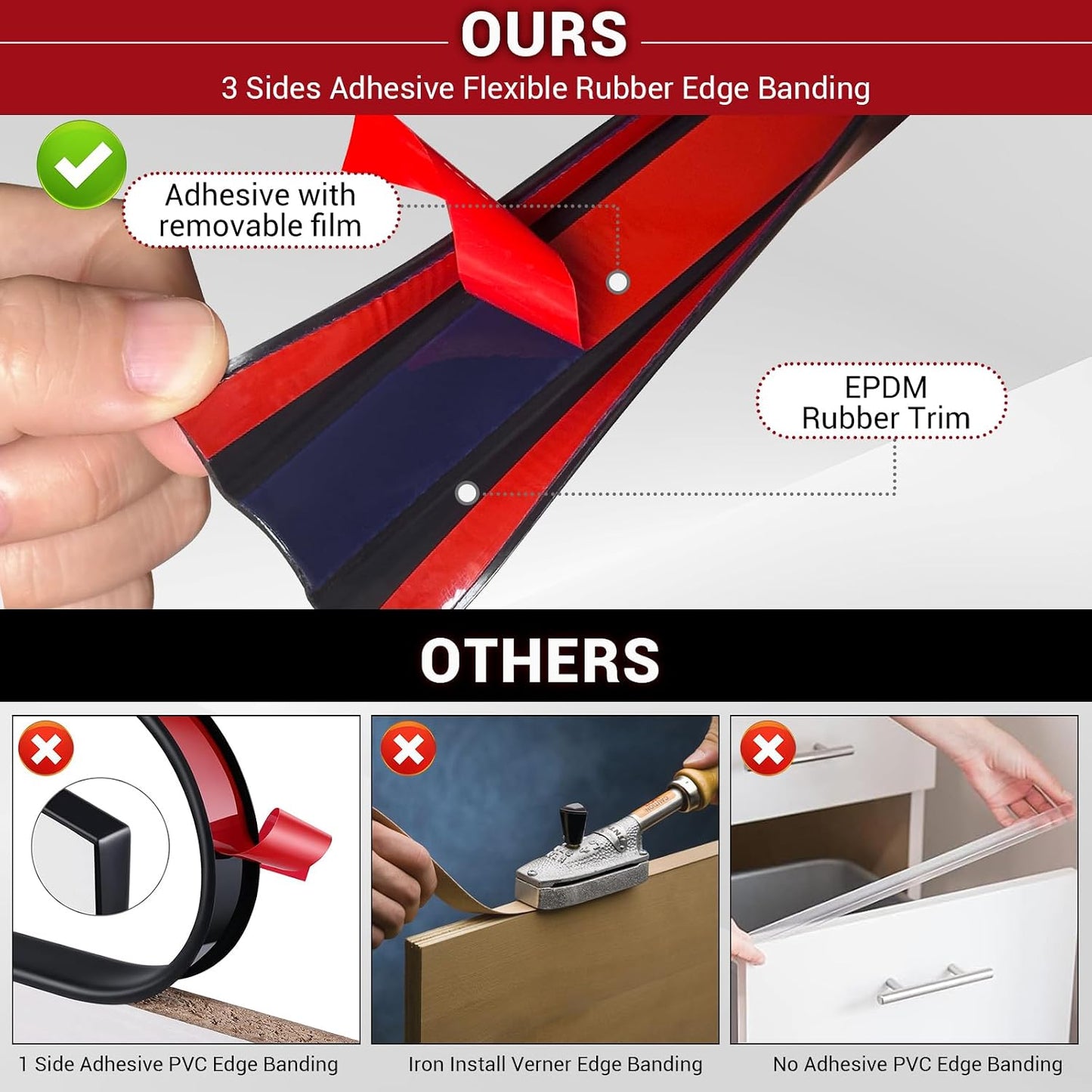 Slimline Cabinet Door Edge Protector, 3/4" Self Adhesive Peel and Stick Rubber Edge Guards, Flexible U Shaped Strips for Kitchen & Garbage Drawer Fronts, Edge Trims for Desks and Shelfves, Black, 10Ft